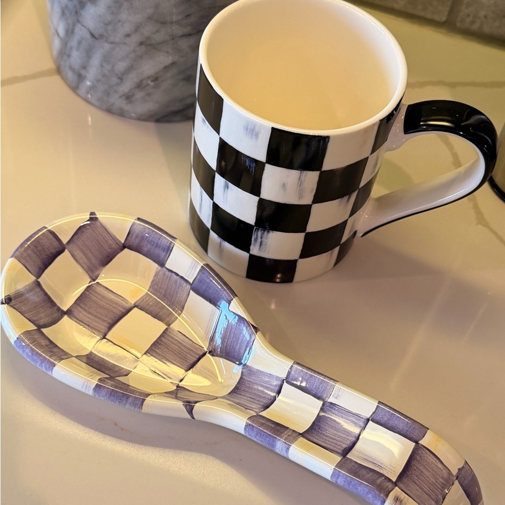 MacKenzie-Childs Black and White Checkered Mug AND spoon rest in purple